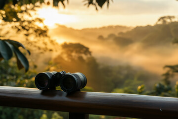 Black Binoculars on Wooden Railing with Misty Golden Sunrise Forest Landscape - Bird Watching Tour