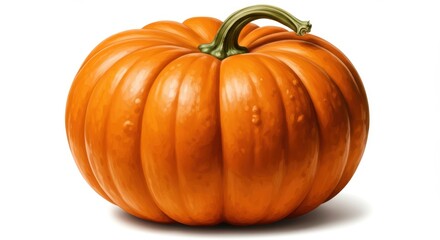 Obraz premium Vibrant orange pumpkin with deep ridges and a green stem, set against a clean white background