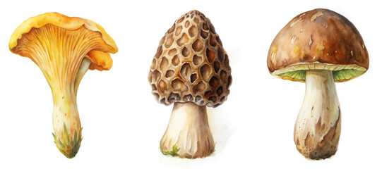 Vibrant mushroom illustrations, watercolor style, nature-themed art, botanical design, food illustration, organic elements.
