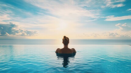Fototapeta premium solo traveler relaxing in a breathtaking infinity pool, gazing at the endless ocean horizon, a perfect escape into serenity and wanderlust