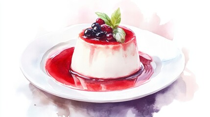 Delicate Panna Cotta with Berry Sauce and Fresh Mint Leaves in Watercolor Illustration 