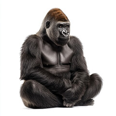 Fototapeta premium Powerful western lowland gorilla sitting isolated on white background studio shot wildlife animal ape fur calm male black