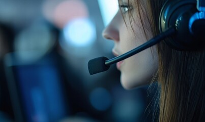 Friendly female helpline operator with headphones in call center