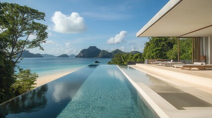Fototapeta premium a minimalist vacation poolside view, sleek modern design, an infinity pool overlooking an untouched beach, a retreat for those seeking simplicity and peace