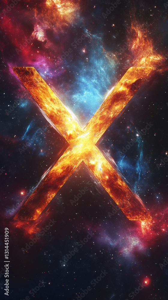 Poster fiery x symbol spreading across a cosmic background of nebulae, stars, and colorful interstellar dus