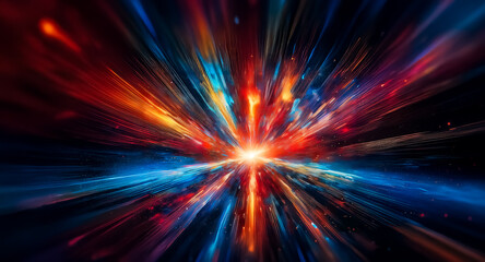 Fototapeta premium A vibrant explosion of colors radiates from a bright center against a dark background, creating a dynamic and energetic abstract design. The image evokes a sense of speed and powerful motion.