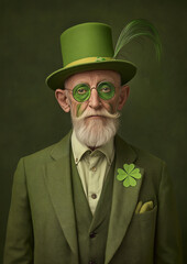 Mysterious Elderly Irish Man in Green Suit with Shamrock