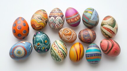 Vibrant Easter Egg Pattern Composition: Pink, Blue, Green, Yellow, Purple, Red, White, Orange Eggs with Stripes, Floral, Heart, Spiral, Geometric Designs