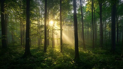Obraz premium Sunbeams Illuminating Misty Green Forest at Sunrise Lush Nature Scene