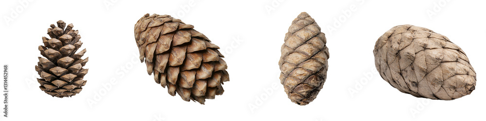 Poster a close-up shot of a pine cone, isolated on a transparent background in png format, emphasizes its d