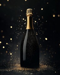 Elegant champagne bottle with sparkling droplets in dark background. Celebration & Luxury Photography
