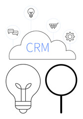 CRM cloud connected to shopping cart, message, light bulb, and gear icons symbolizing innovation, communication, and customer relations. Ideal for business, marketing, CRM communication e-commerce
