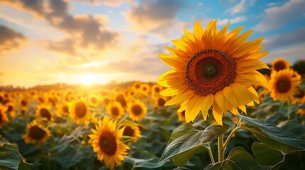 Fototapeta premium Vibrant Sunflowers at Sunset Golden Field of Blossoms During Golden Hour