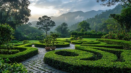 Serene Garden Landscape with Winding Paths Lush Greenery and Mountain Views at Sunrise