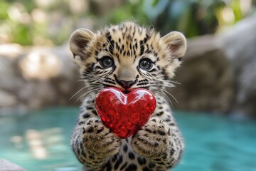 Obraz premium Cute leopard baby with diamond red heart on in a natural habitat. Promotion animal conceptual art. Leopard - my desired animal. Love in the animal kingdom. Animal love portrait. Loving animal.