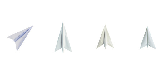 Fototapeta premium A paper airplane, placed on a blue background, exemplifies simplicity and creativity through its clean and minimalistic design, which accentuates the playful nature of the paper airplane