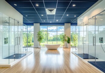 Fototapeta premium Bright and Modern Spa Interior with Glass Showers and Bathtub Overlooking Scenic Nature View Through Large Windows