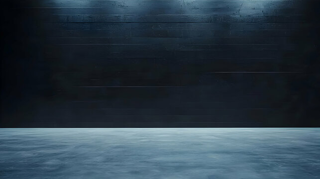 Dark Empty Concrete Room With Blueish Floor And Illuminated Textured Back Wall Dramatic Lighting And Moody Atmosphere Ideal For Product Placement Background