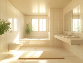 Fototapeta premium Bright and Spacious Modern Bathroom with Natural Light, Clean Lines, Fresh Plants, and Contemporary Fixtures for Relaxation and Well-being