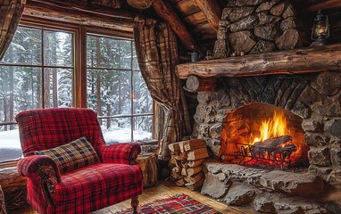 Cozy winter cabin fireplace view