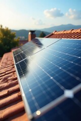 Close up of solar panel installation on rooftop, roof, global warming
