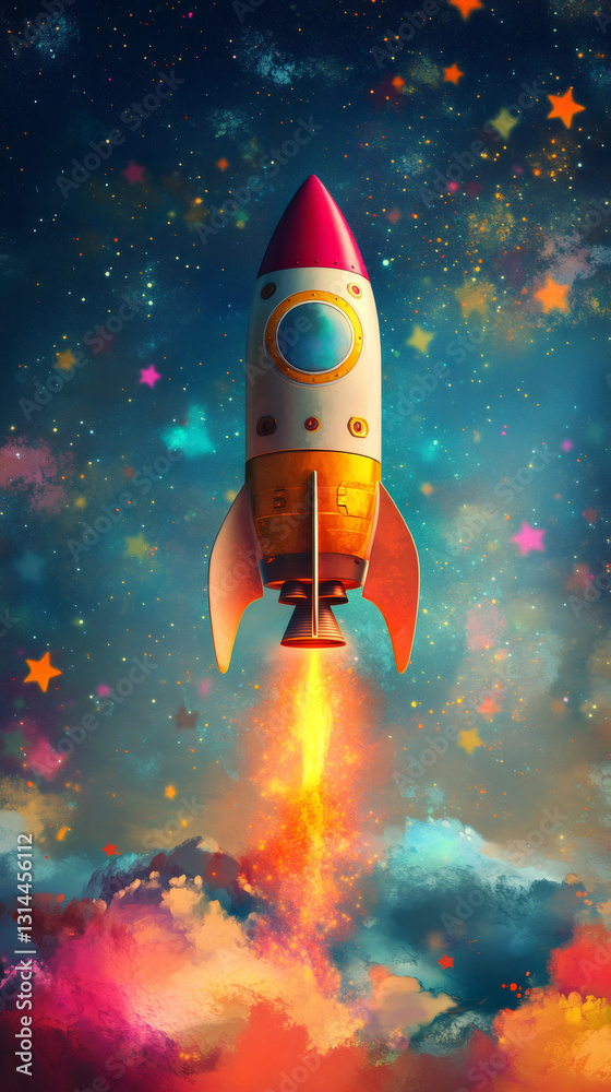 Aufkleber Rocket ship launching through colorful clouds and stars, creating a vibrant and dreamy space exploration scene