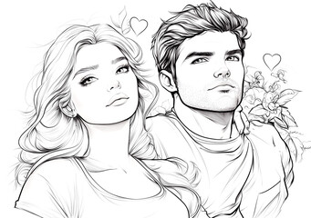 A coloring page of an attractive couple with beautiful hair, surrounded by flowers and hearts. Clean line art style, no shading, highly detailed sketchy drawing.