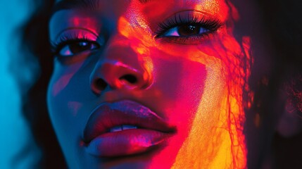 Vibrant Woman's Face in Colorful Light
