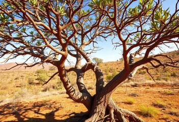 Acacia tree, Taita Hills, Kenya, dry landscape, savanna, branches, thorns, leaves, bark, roots, sunlight, shadows, arid, African landscape, plant, bush