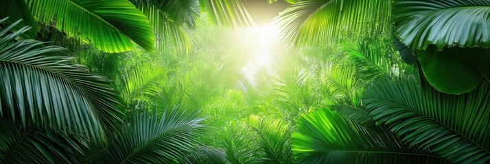 Lush Green Jungle Canopy with Sunlight Filtering Through Leaves
