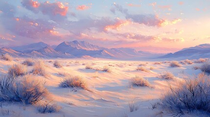 Serene Desert Landscape at Sunset Pastel Sky Snow Covered Sands and Distant Mountains