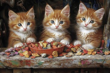 Three Kittens Feasting on Colorful Stones in an Artist's Studio