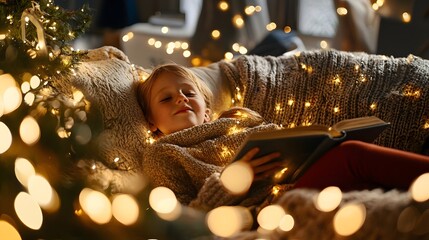Child Reading a Book in Cozy Home with Warm Lighting