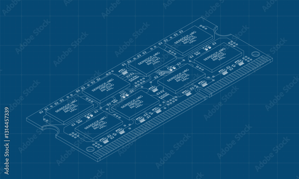 Poster isometric random access memory blueprint. ram memory realistic 3d isometric. computer hardware compo