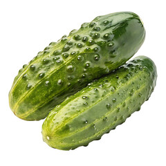 A pair of green pickles with a shiny, textured appearance, lying side by side on a clean, white background, capturing their detailed surface.