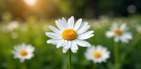 Fototapeta premium Beautiful oxeye daisy blossoms blooming in a garden, close-up, floral arrangement, botanical