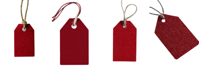 A dynamic red label with an open space is presented, allowing for the customization of gifts, clothing, or products, isolated against a transparent background and saved as a png