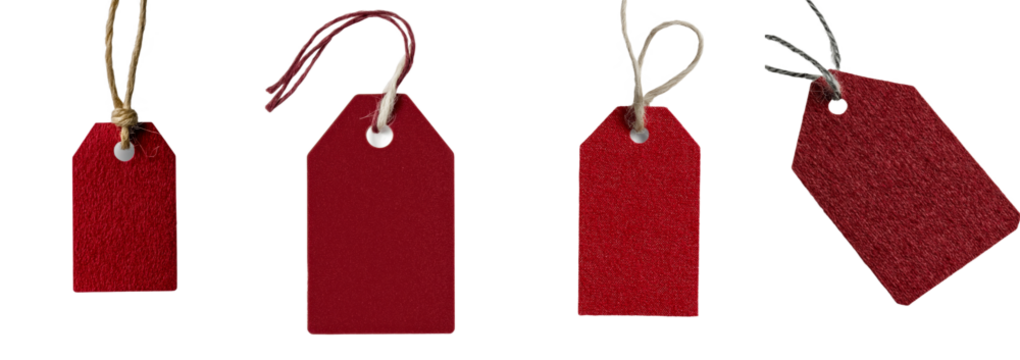 A dynamic red label with an open space is presented, allowing for the customization of gifts, clothing, or products, isolated against a transparent background and saved as a png