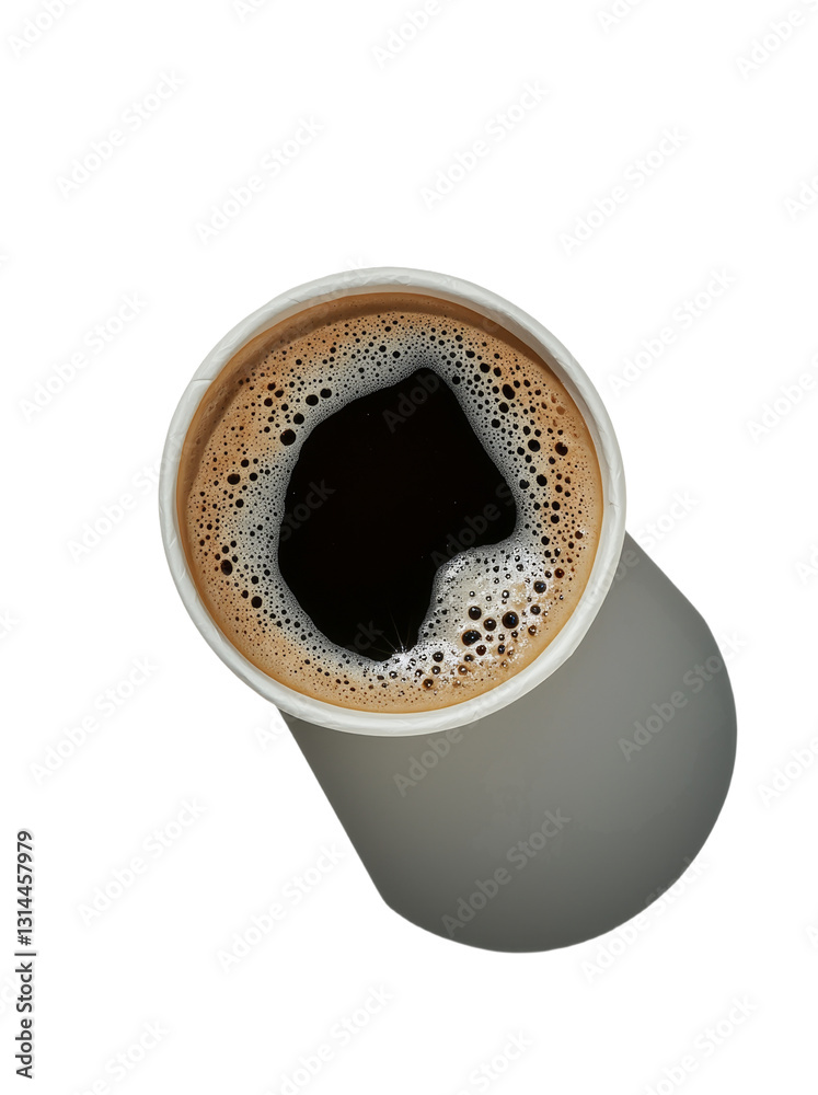 Poster black coffee in a disposable paper cup, ideal for those in a hurry, boasts a straightforward and fun