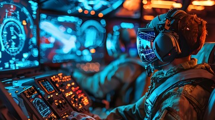 High Tech Flight Simulator with Holographic Interactive Controls for Pilot Training