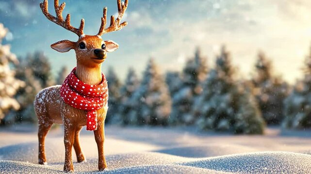 A deer with a striking red scarf, standing in the middle of a snowy landscape against a background of trees