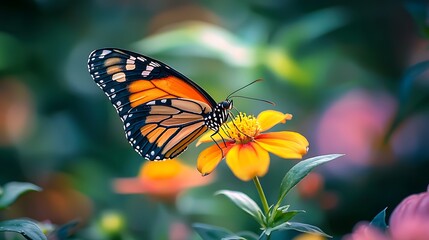 Obraz premium Vibrant Monarch Butterfly on Orange Flower in Lush Garden Close up Nature Photography