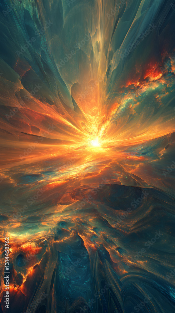 Aufkleber colorful abstract fractal landscape with glowing horizon and clouds, creating a surreal and otherwor