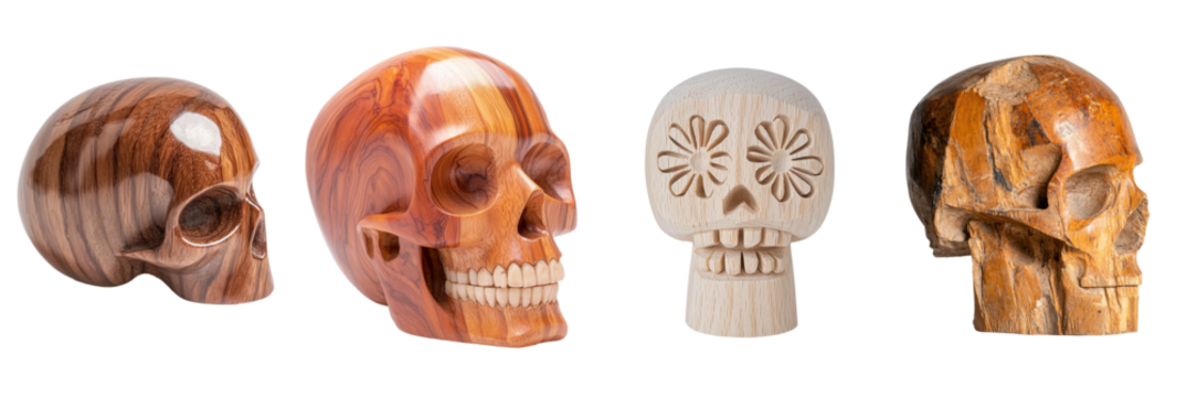 An exquisitely crafted wooden skull, showcasing intricate details and a rich texture, highlights the artisan's exceptional skill and design sense, isolated on a transparent background and saved as a
