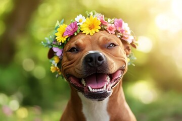 Vacation time happiness. Sunny daylight. Cute adult dog staffordshire bull terrier wearing primal...