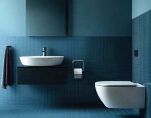 Contemporary Bathroom Design with Minimalist Aesthetic and Blue Tiles, Featuring Modern Fixtures, Clean Lines and Stylish Accessories for Home Improvement