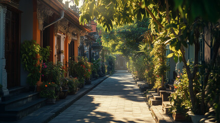 Obraz premium Nyepi Day in Bali, Indonesia, the streets are completely empty and silent, traditional Balinese architecture with ornate temples and lush greenery, sunlight casting long shadows