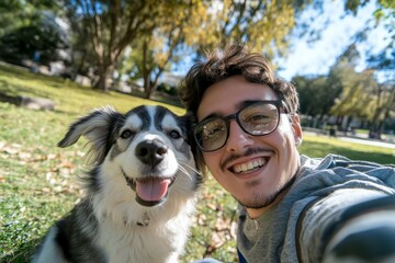 Young happy man taking selfie with his dog in a park - Smiling guy and puppy having fun together outdoor - Friendship and love between humans and animals