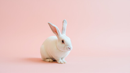 Cute white rabbit on isolated pink background
