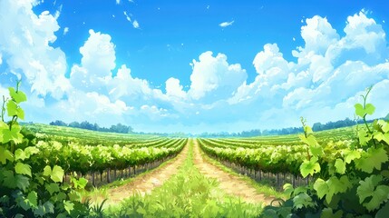 Lush Vineyard Landscape Under Bright Blue Sky with Fluffy Clouds